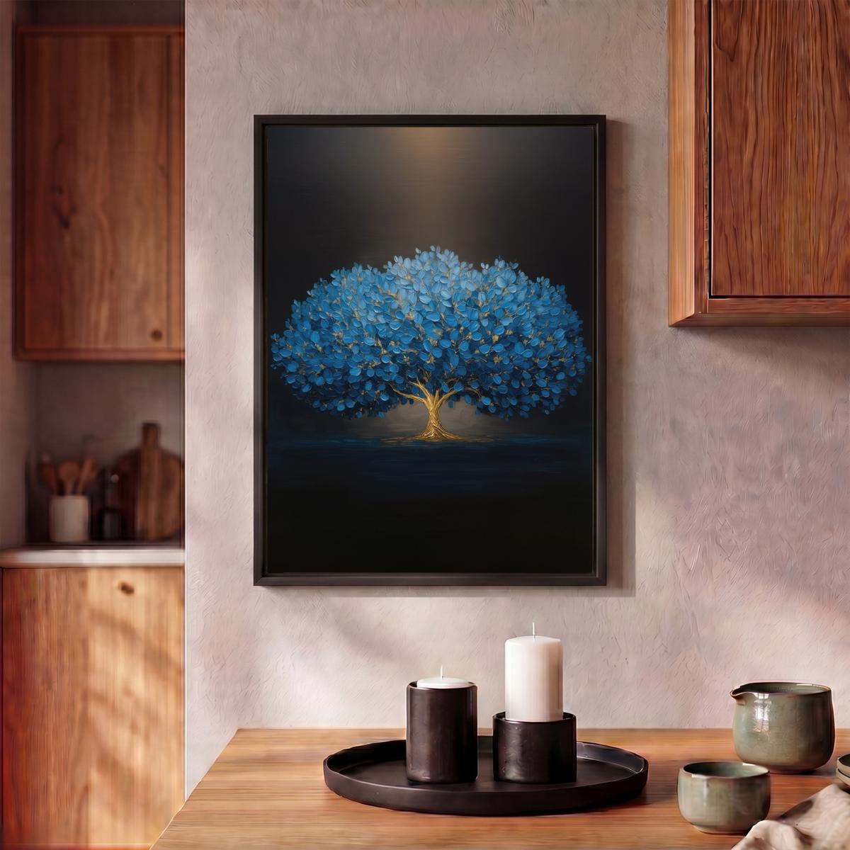 LEINWAND Bilder mit Rahmen - Baum - Blau - Blätter - Pinselstriche - 30x40 - Blau, Textil (30/40cm) - MuchoWow