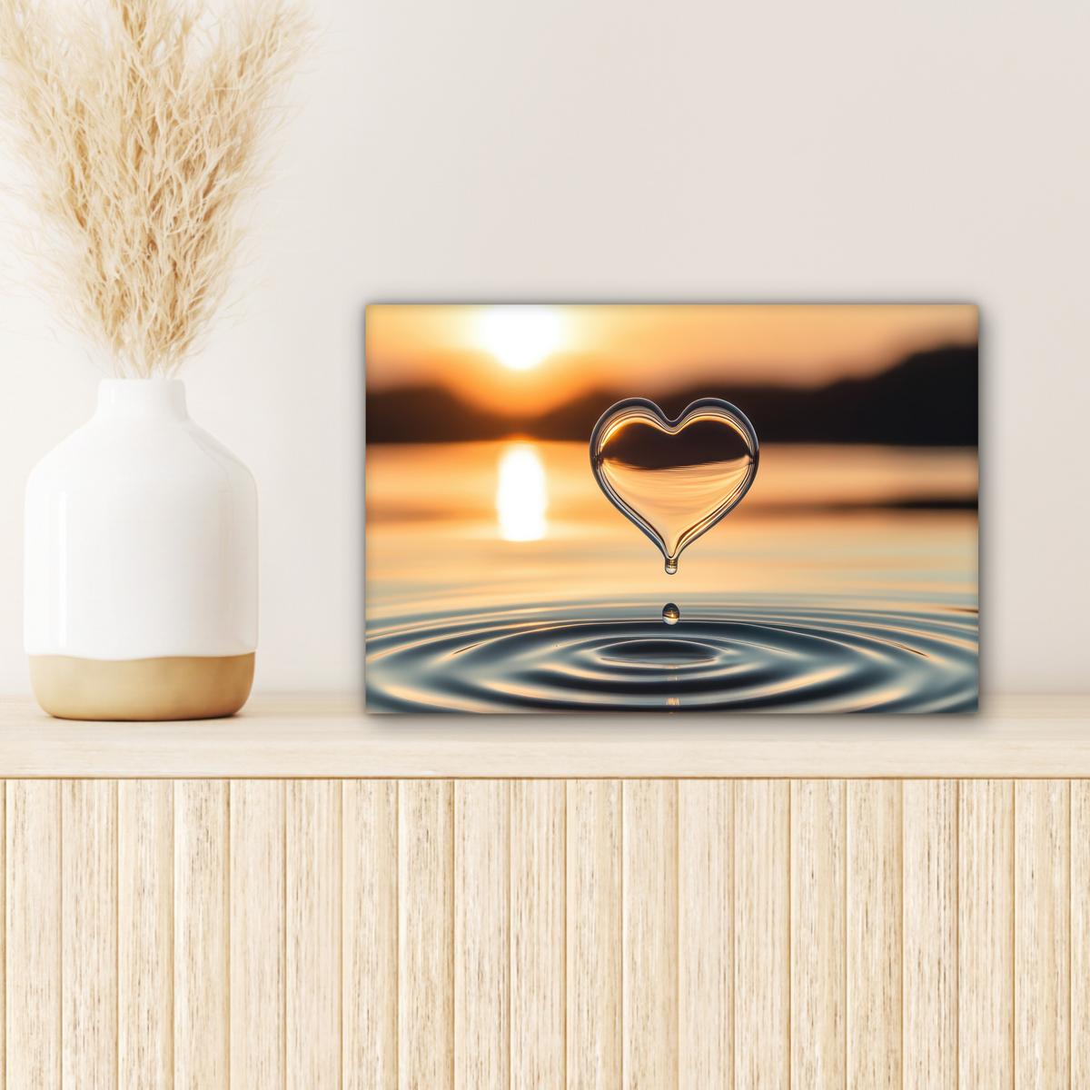 LEINWANDBILD Herz - Wasser - Sonnenuntergang - Natur - Zen Deko Schlafzimmer 30x20 cm - Bernsteinfarben, Textil (30/20cm) - MuchoWow