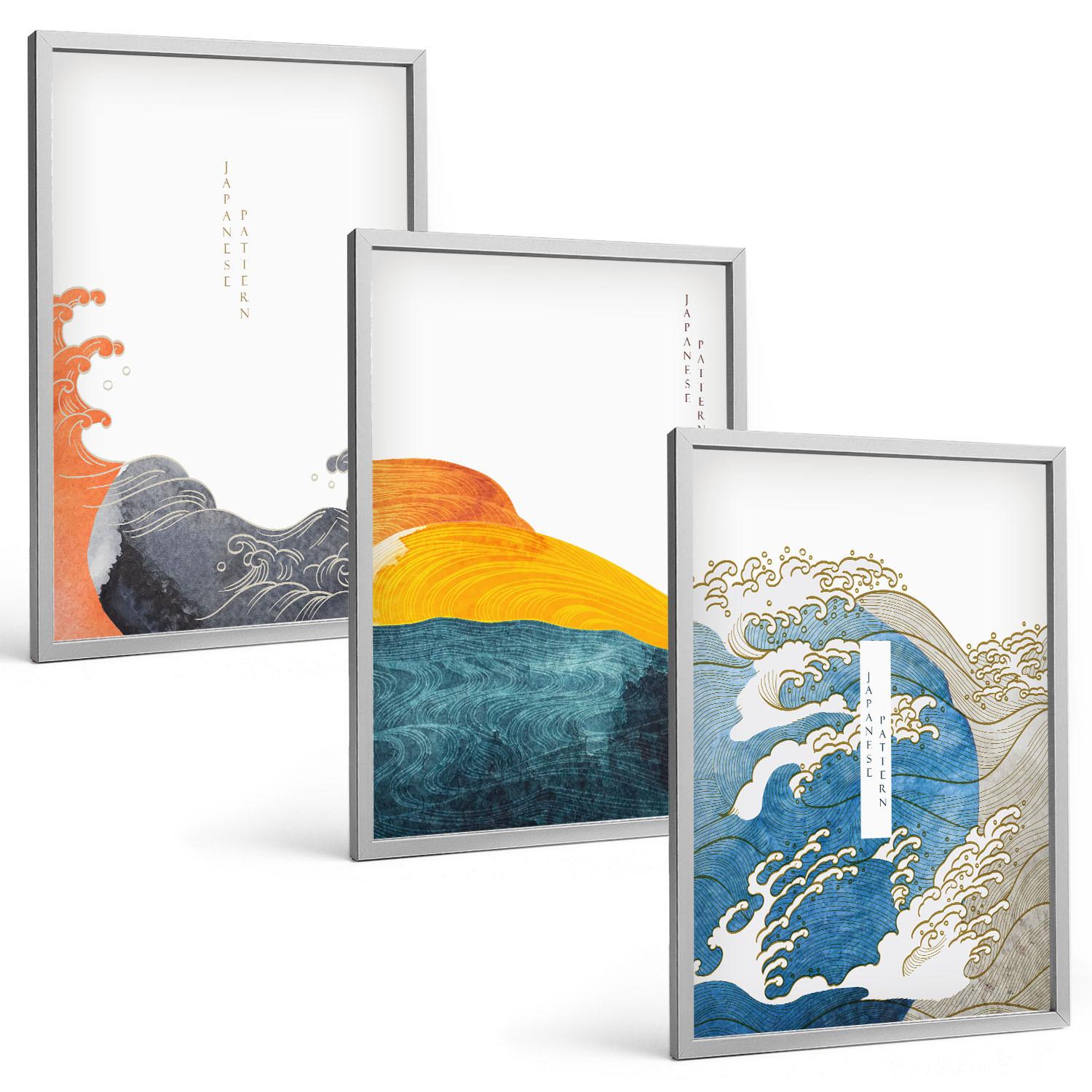 BILDER SET 3er Set - 40x60 cm Silberner Rahmen - Wellen des japanischen Grafikstils - Silberfarben, Kunststoff (40/60cm) - TULUP
