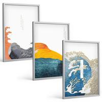 BILDER SET 3er Set - 40x60 cm Silberner Rahmen - Wellen des japanischen Grafikstils - Silberfarben, Kunststoff (40/60cm) - TULUP