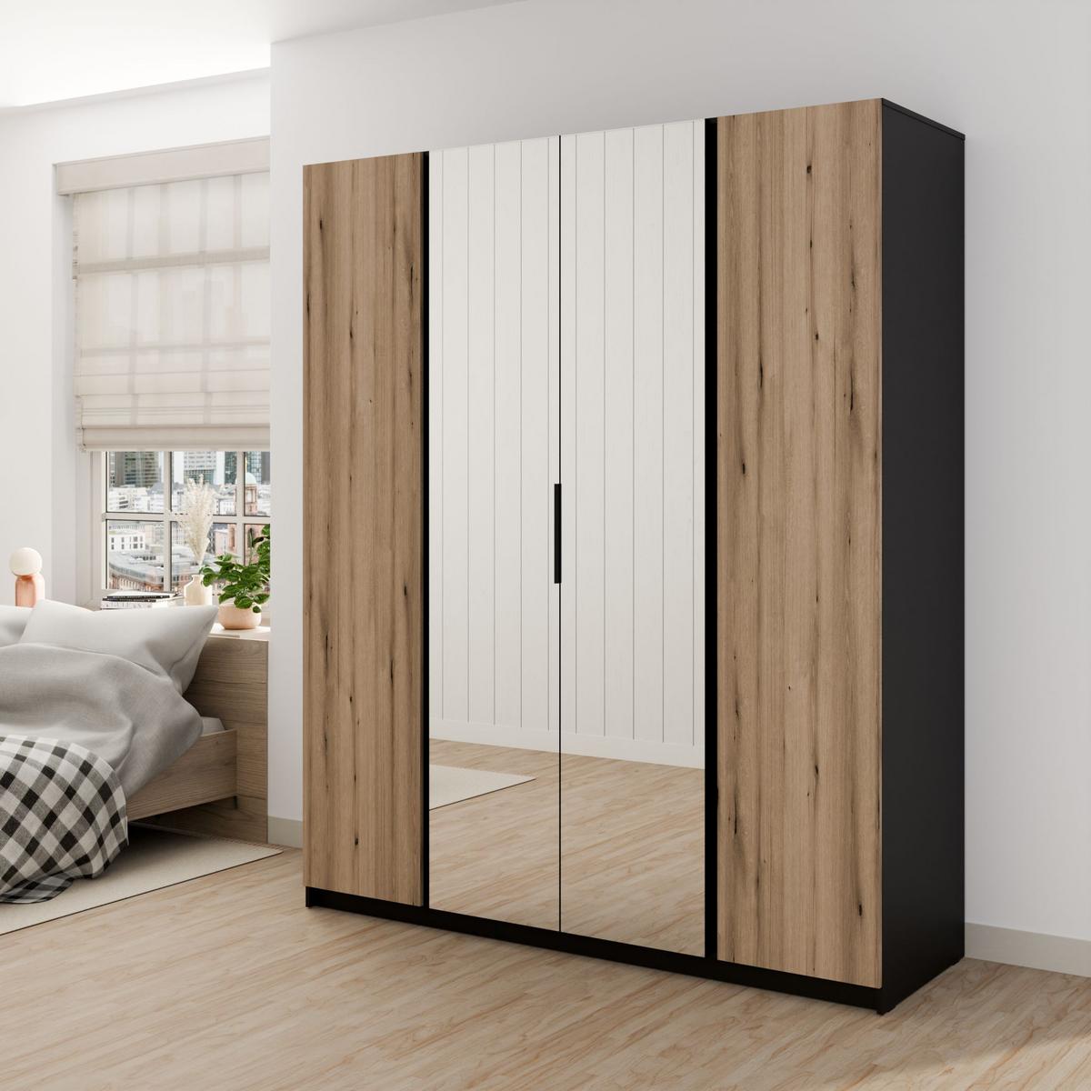 DREHTÜRENSCHRANK CAGLIARI 200/239/61,9cm 4-türig mit Spiegel Schwarz - Goldfarben/Schwarz, Holzwerkstoff (200/239/61.9cm) - MASSENO