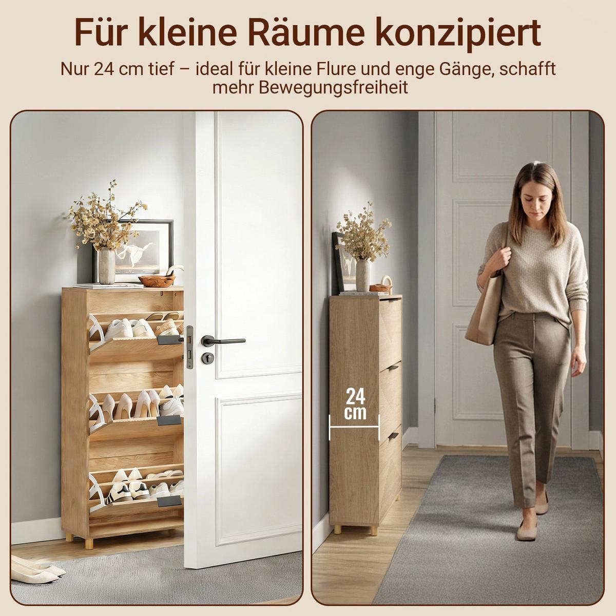 SCHUHSCHRANK mit 3 Klappen, Schuhkipper 60x24x120cm - Naturfarben, Holzwerkstoff (24/120/60cm) - SoBuy