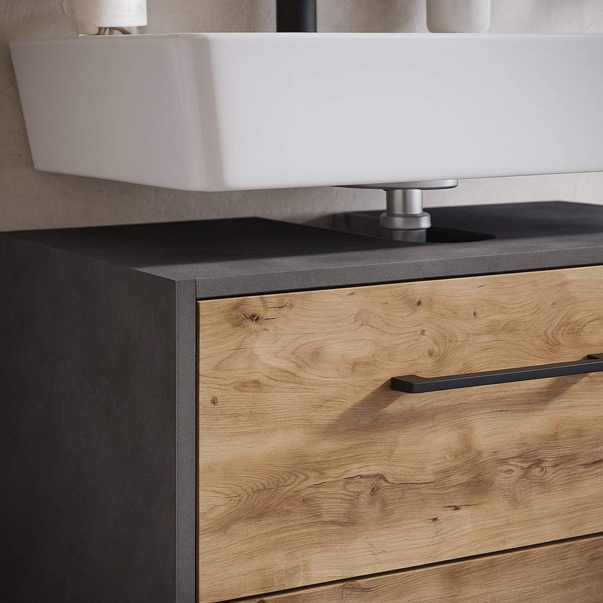 WASCHBECKENUNTERSCHRANK Florence 2 Schubladen Kastanien Eiche / Grau - 60 x 35 x 47 cm - Eichefarben/Grau, Holz (60/47/35cm) - Badplaats