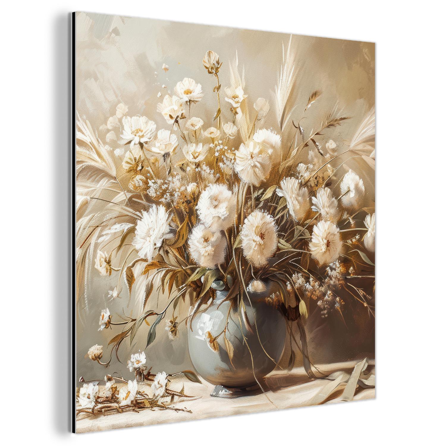 METALLBILD Blumen - Vase - Stilleben - Beige 90x90 cm - Creme, Metall (90/90cm) - MuchoWow