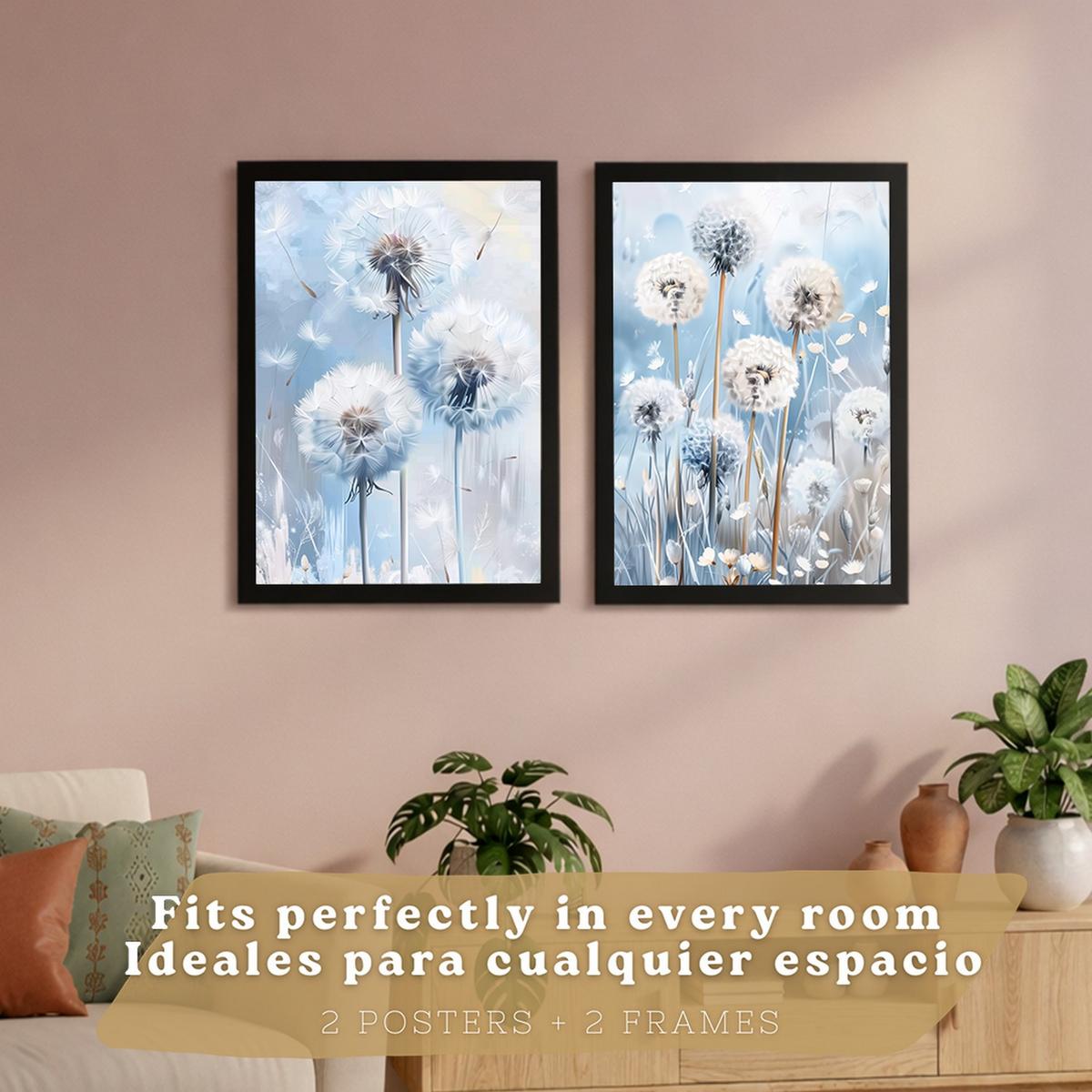 POSTER 2er Kunstdruck-Set Wandbilder Blumen Blau modern Wohnzimmer Deko, Schlafzimmer, Küche, Badezimmer Schwarzer Rahmen A3 - Schwarz, Papier (29.7/1/42cm) - Nacnic