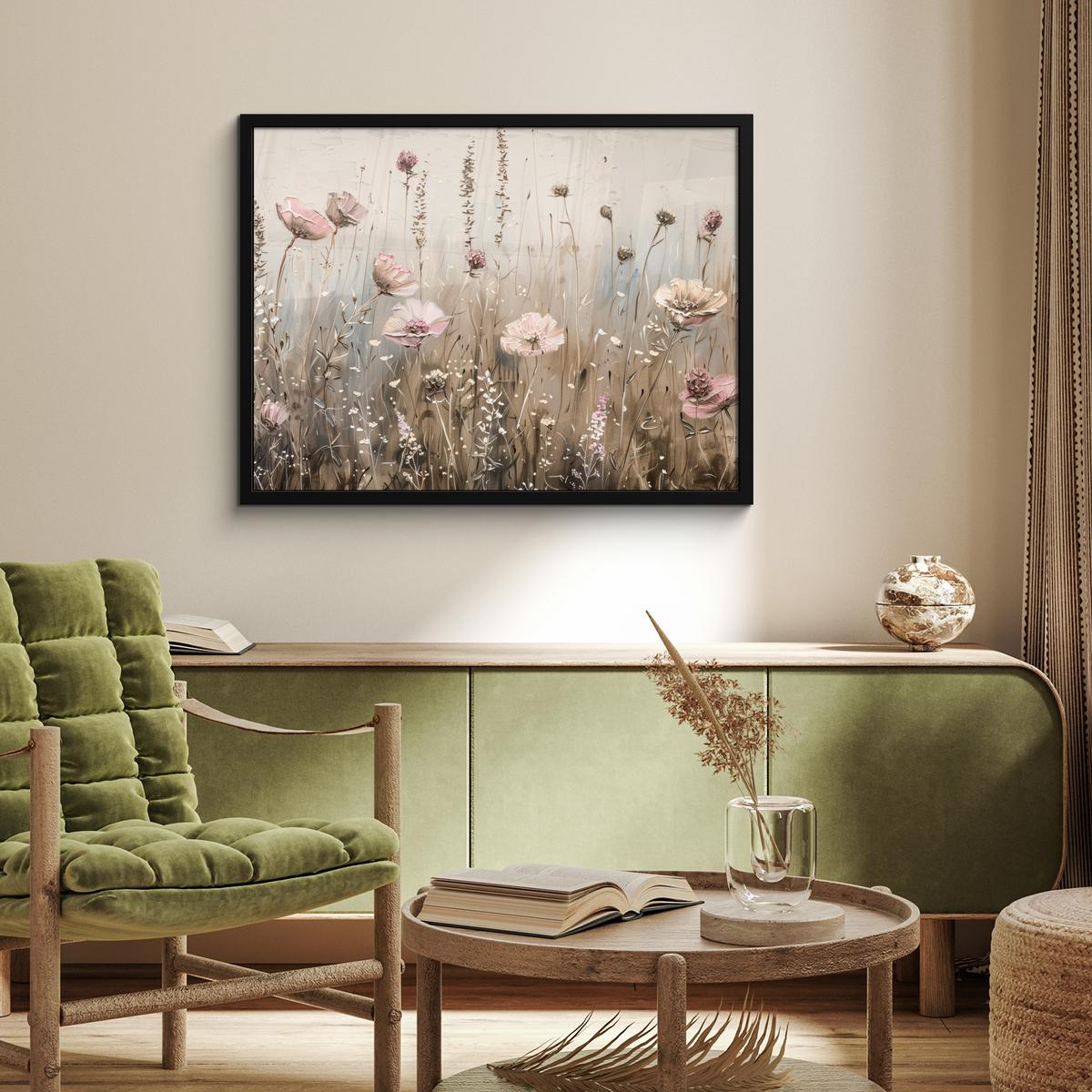 POSTER MIT RAHMENGERAHMTES BILD Blumen - Rosa - Modern - Beige 80x60 cm - Beige, Papier (80/60cm) - MuchoWow