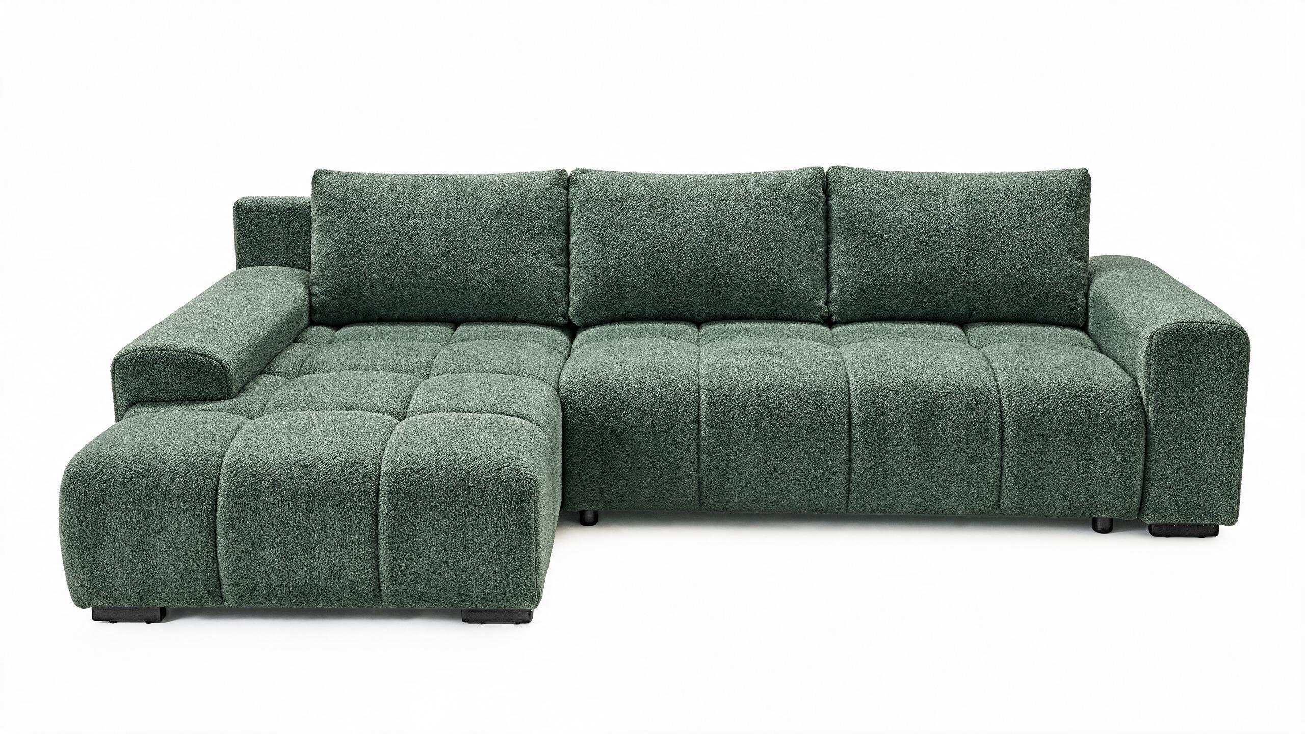 ECKSOFA Ovia mit Bettkasten und Schlaffunktion, Bouclé-Stoff in L-Form - Grün, Textil (270/185cm)