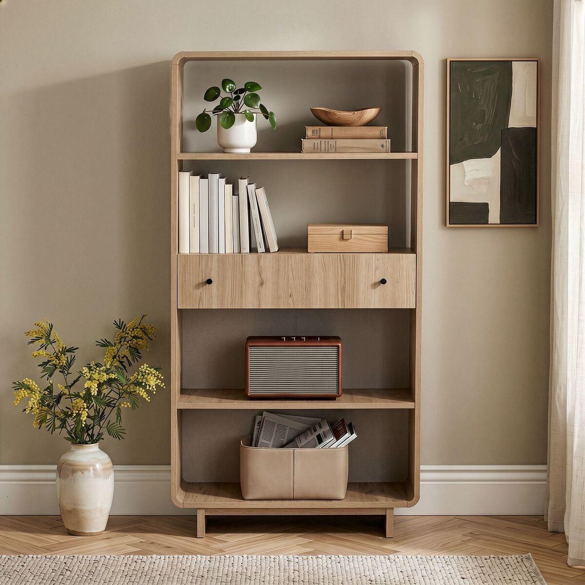 REGAL 1 Schublade, 4 offenen Fächern mit abgerundeten Kanten 34/154/78 cm - Eichefarben, Holzwerkstoff (34/154/29cm) - Calicosy