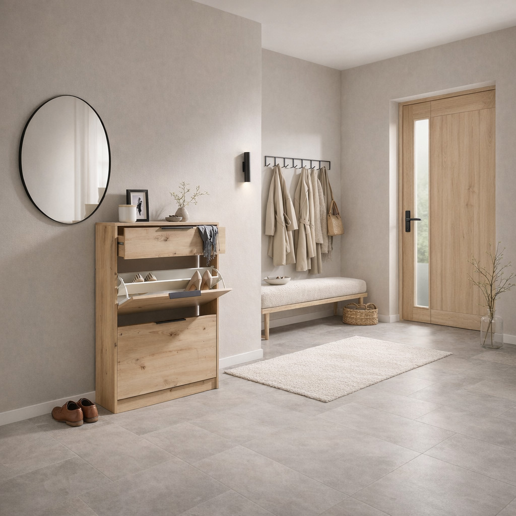 Garderobe, Schuhschrank und runder Spiegel