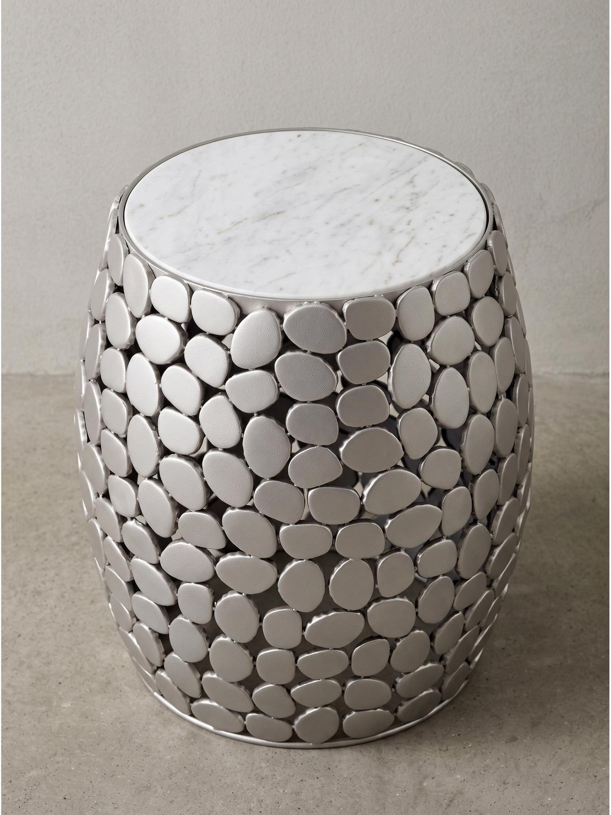 BEISTELLTISCH DIEMEL, Marmor, handgefertigt, Silber-Weiß, Ø 40 x 46 cm - Silberfarben, Stein/Metall (40/40/46cm) - KADIMA DESIGN