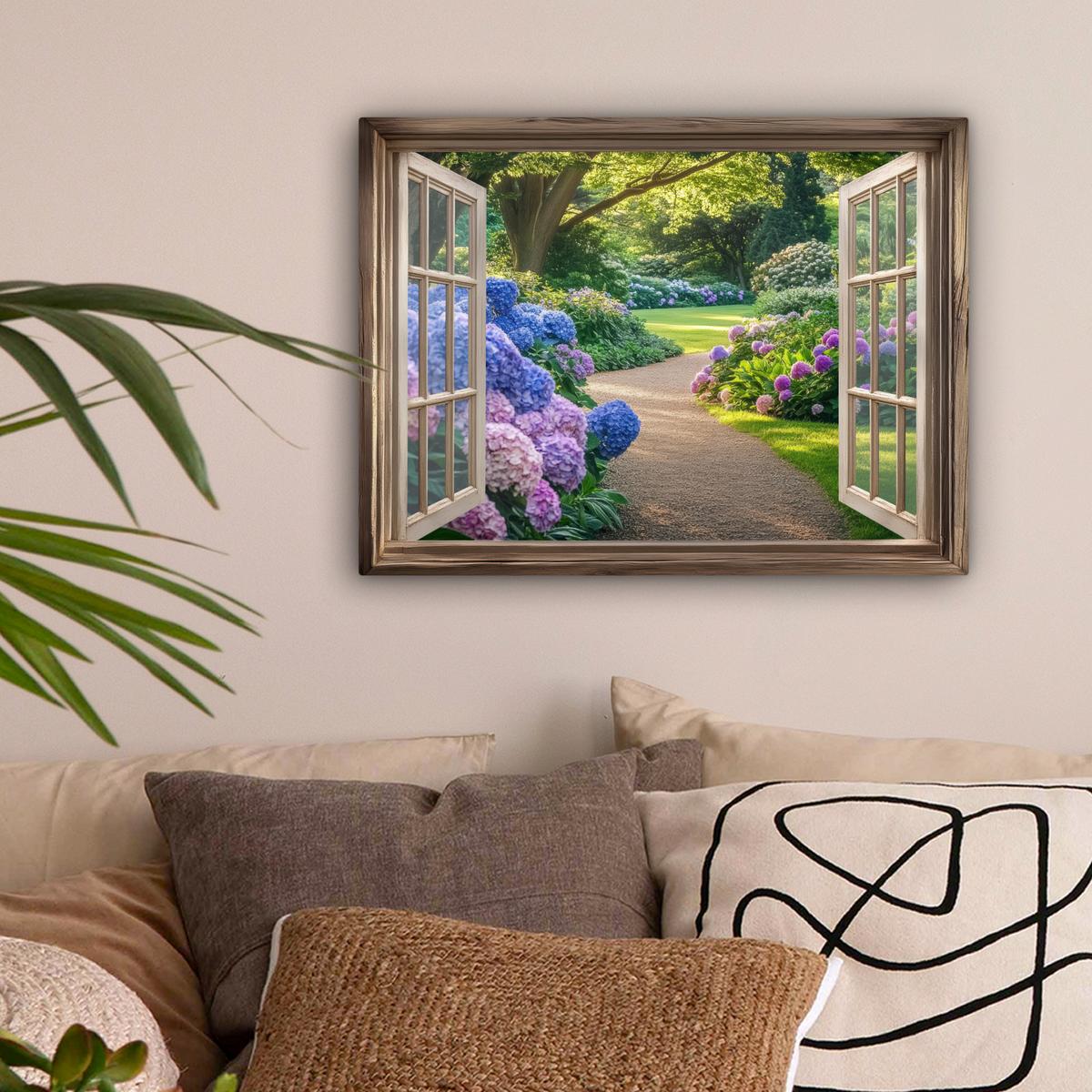 LEINWANDBILD Aussicht - Garten - Fenster - Hortensie - Blumen Wandbild 40x30 cm - Pastellblau, Textil (40/30cm) - MuchoWow