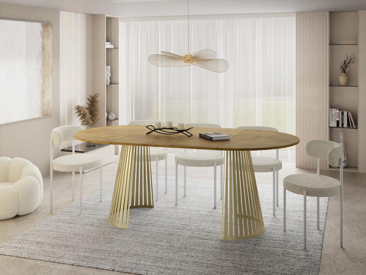 ESSTISCH Naro rund ausziehbar mit Goldenem Lamellen-Metallgestell, Braun 120-200/120/76 cm - Eichefarben/Goldfarben, Holzwerkstoff/Metall (120/196/76cm) - WFL GROUP