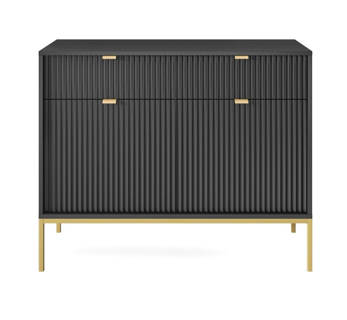 SIDEBOARD Eternas 2T 2S Schwarz 104/83/39 cm – goldene Füße, mit geriffelten Fronten - Goldfarben/Schwarz, Holzwerkstoff (104/83/39cm) - AX Living