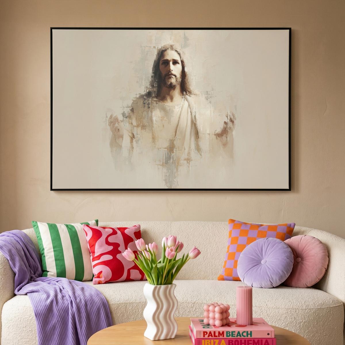 LEINWAND Bilder mit Rahmen - Porträt - Abstrakt - Jesus - Beige - 140x90 - Beige, Textil (140/90cm) - MuchoWow