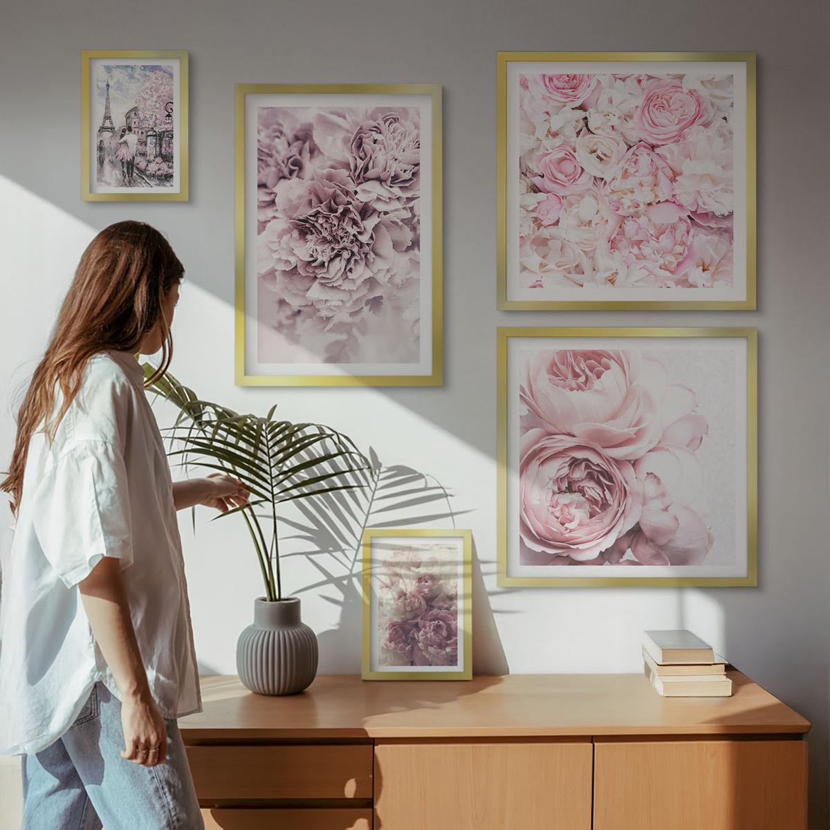 BILDER SET 5er Set - 50x50 cm & 20x30 cm & 40x60 cm Goldrahmen - Rosa Blumen, romantische Landschaft - Goldfarben, Kunststoff (40/60cm) - TULUP
