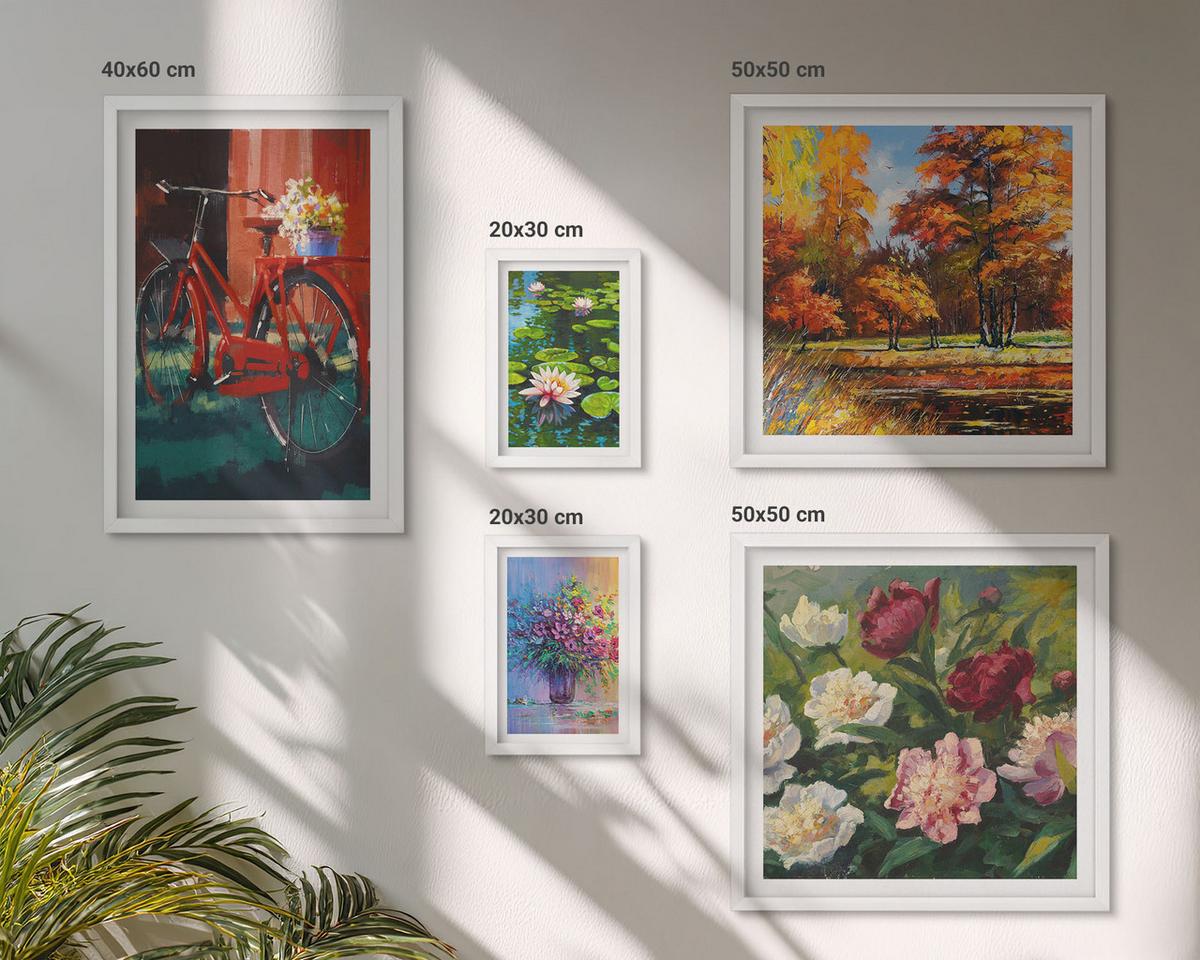 BILDER SET 5er Set - 50x50 cm & 20x30 cm & 40x60 cm Weißer Rahmen - Seerosen, Fahrradblumen - Weiß, Kunststoff (40/60cm) - TULUP
