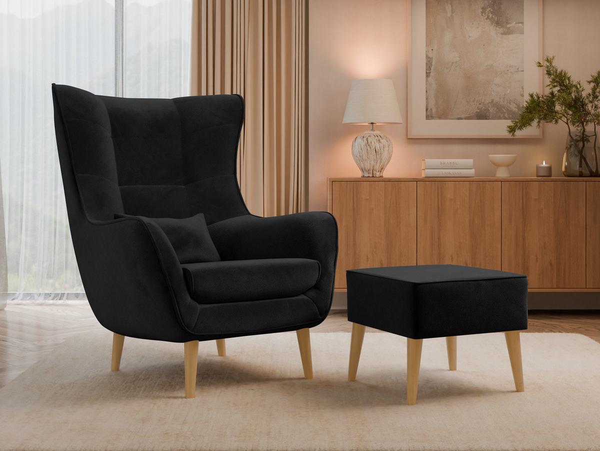 SESSEL Estjano mit Fußbank - Beige/Schwarz, Holz/Textil (80/106/95cm) - MIRJAN24