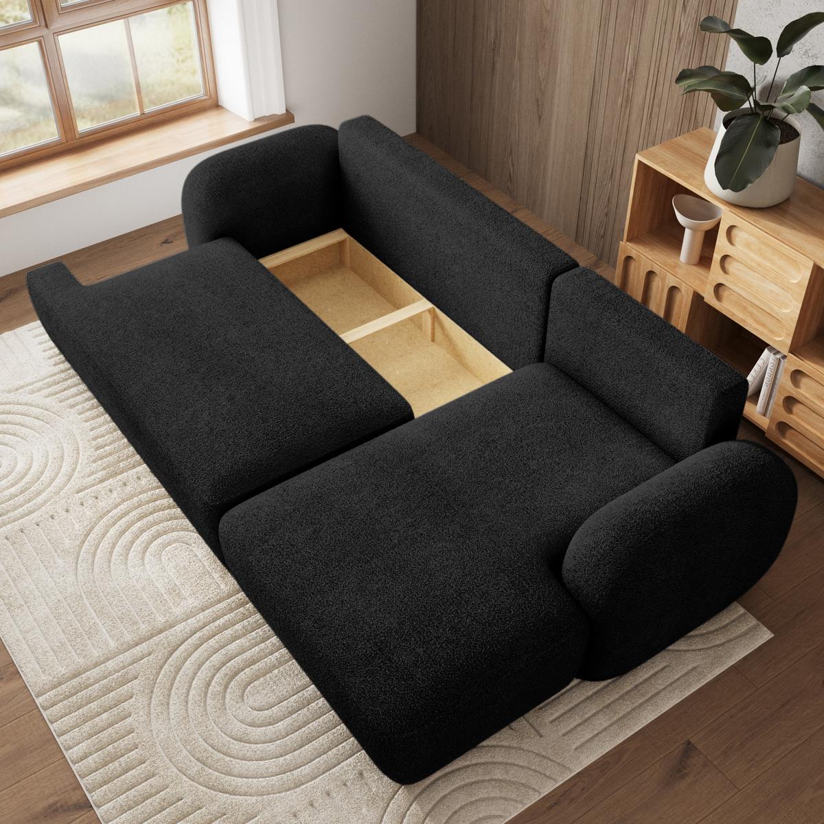 ECKSOFA MODENZA N R-S Schwarz Boucle-Stoff mit Schlaffunktion - Schwarz, Holz/Kunststoff (266/148cm) - MASSENO