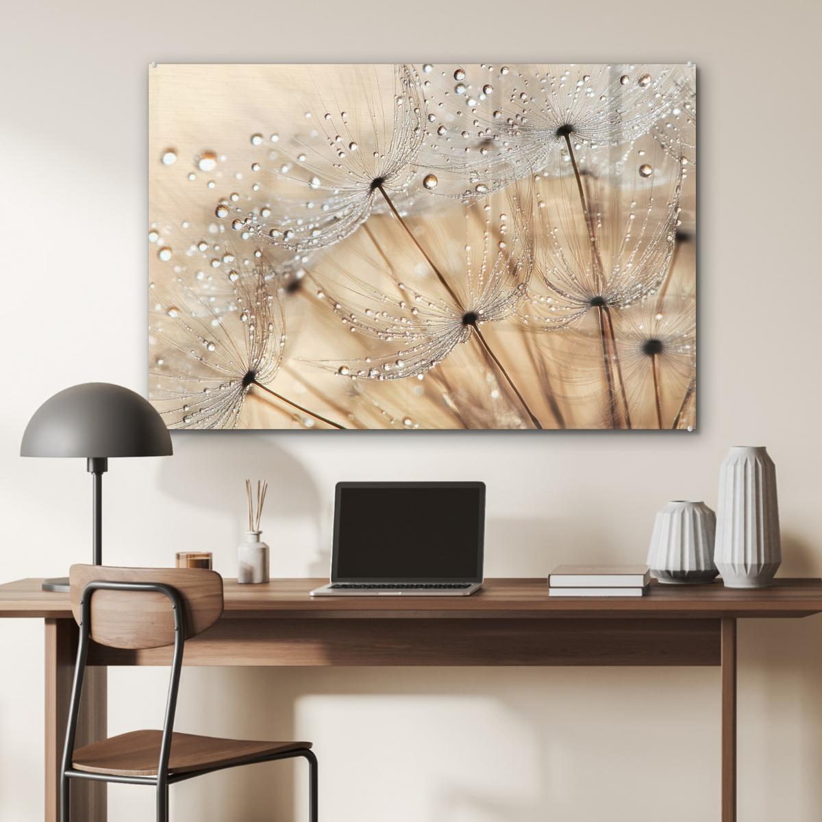 ACRYLGLASBILD Löwenzahn - Abstrakt - Natur - Beige Wandbild Schlafzimmer 120x80 cm - Braun, Glas (120/80cm) - MuchoWow
