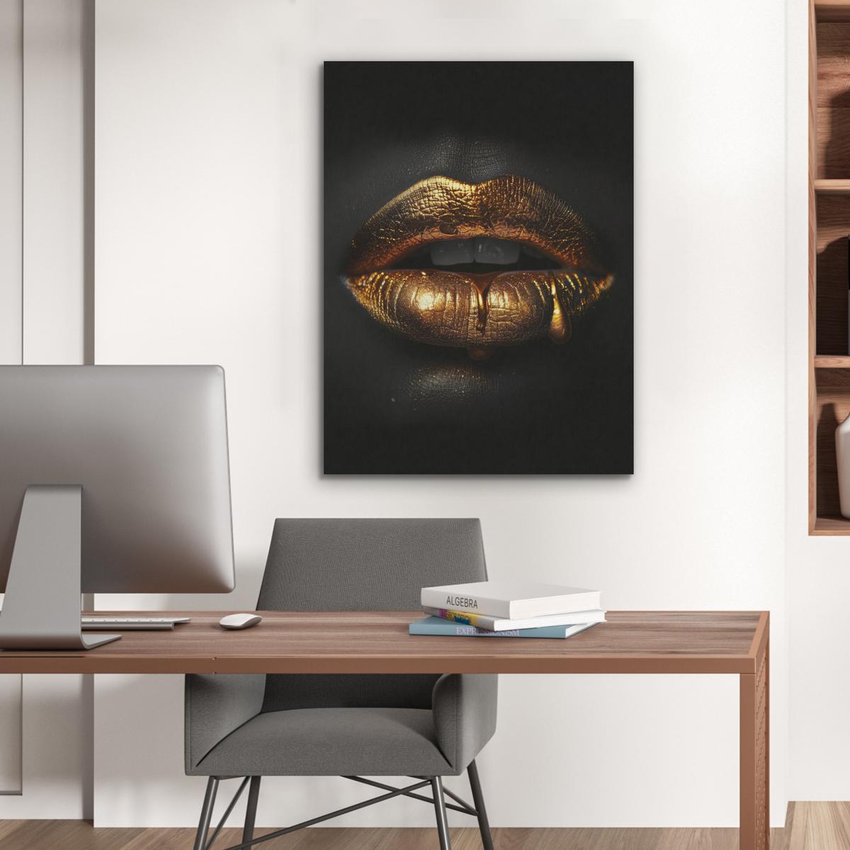 AKUSTIKBILD Frau - Porträt - Lippen - Gold - Schwarz Wandbilder 60x80 cm - Schwarz, Kunststoff (60/80/0.9cm) - MuchoWow