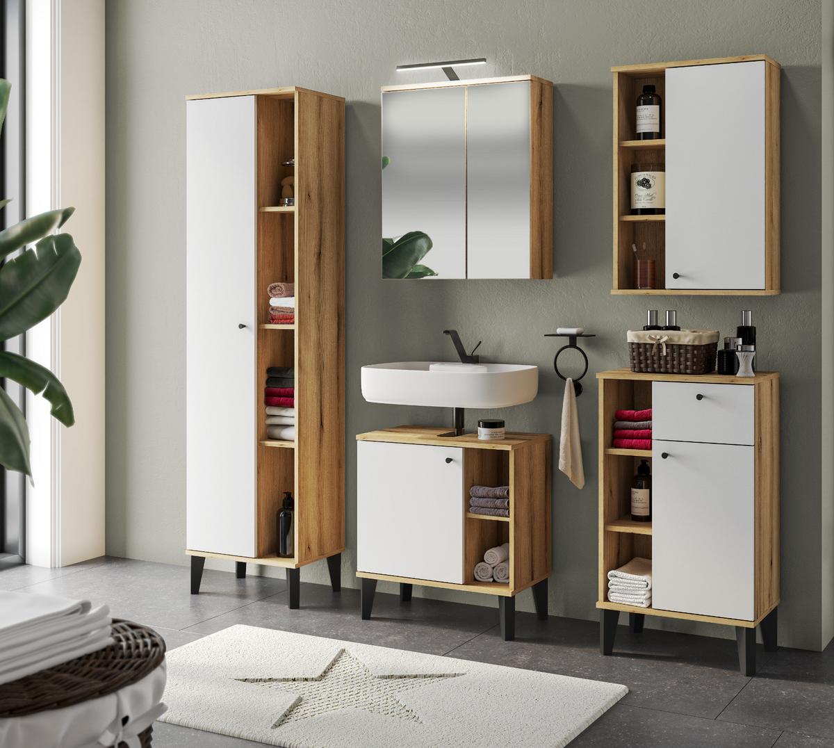 BADKOMMODE weiß, Evoke Eiche, Badkommode, 51 x 90 cm - Eichefarben/Schwarz, Holzwerkstoff/Kunststoff (51/90/33cm) - Furn.Design
