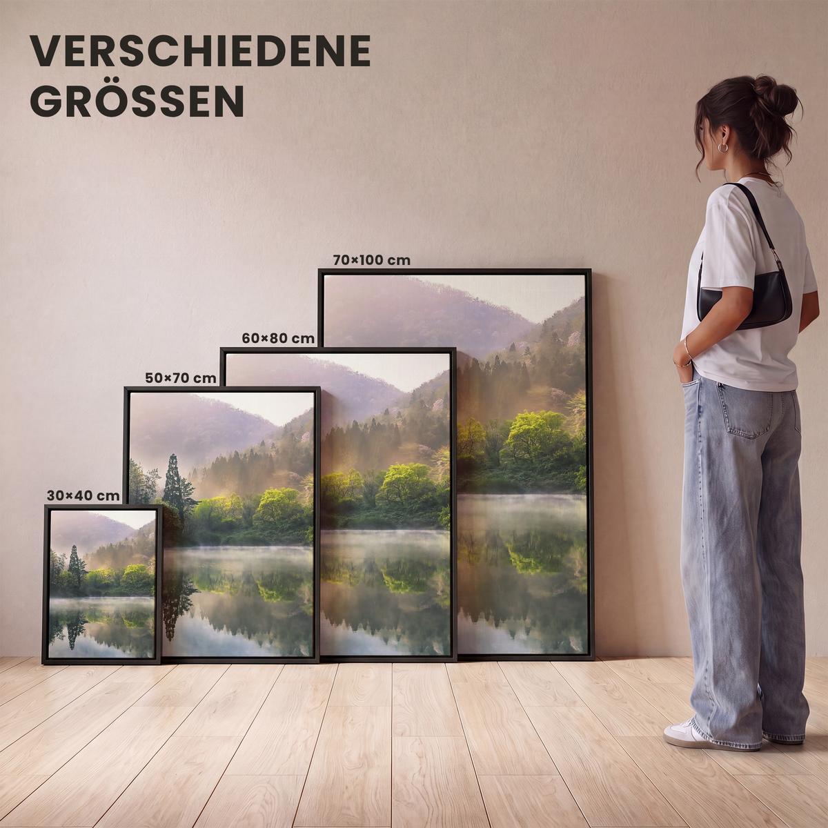 LEINWAND Bilder mit Rahmen - Natur - Bäume - Berge - See - Wasser - 60x80 - Hellgrün, Textil (60/80cm) - MuchoWow