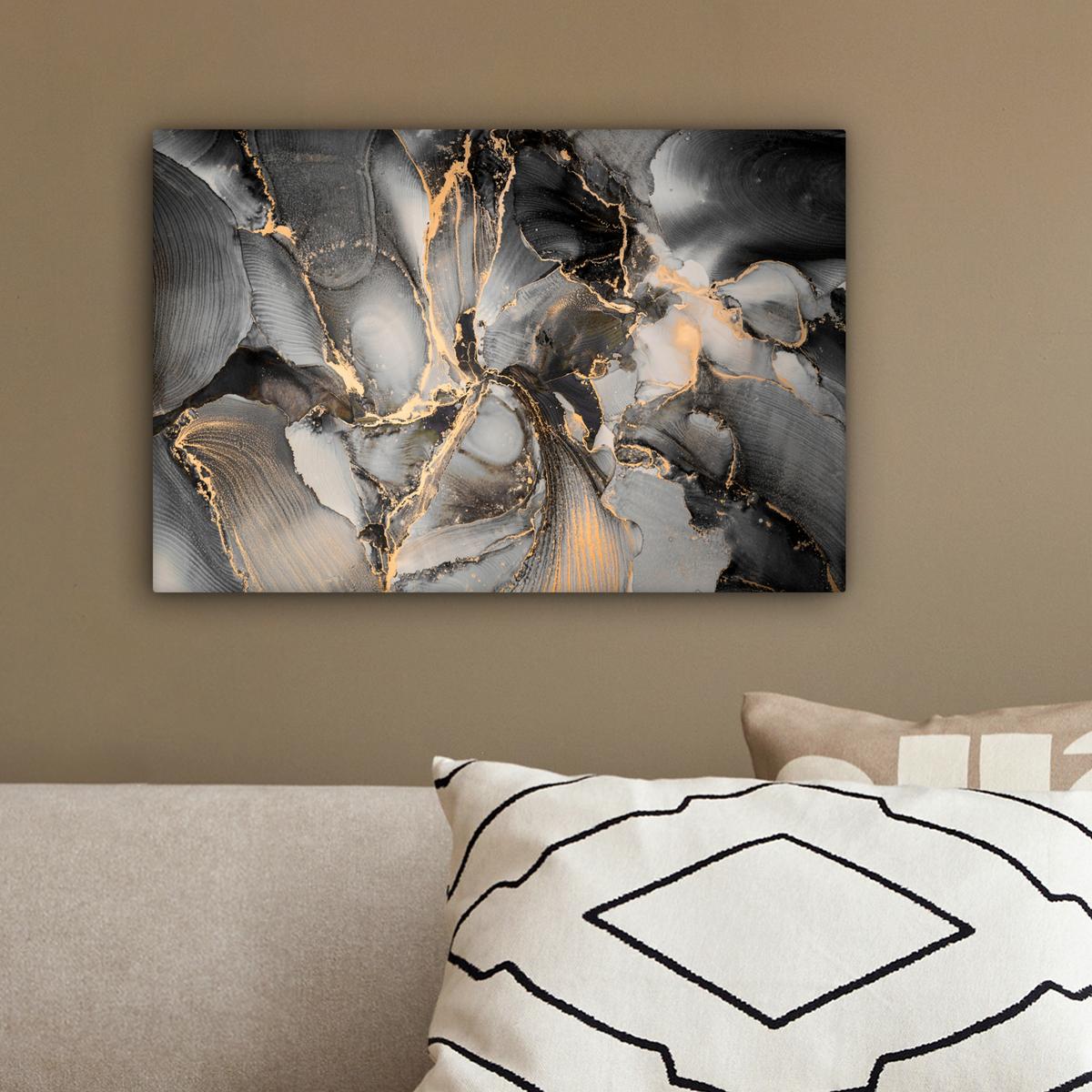 LEINWANDBILD Grau - Luxus - Gold - Marmor Deko Schlafzimmer 30x20 cm - Dunkelgrau, Textil (30/20cm) - MuchoWow