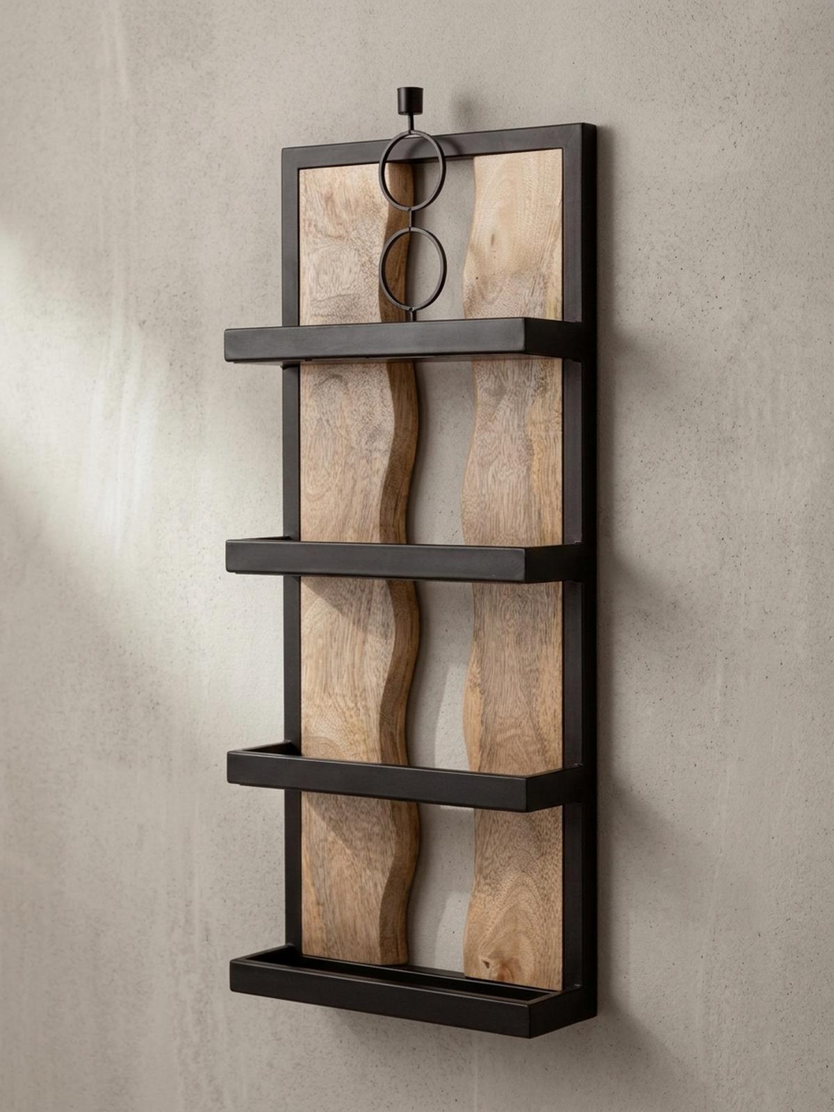 WANDREGAL Mango Massivholz Metall Industrial Stil 30x80x10 cm Rechteckig mit 4 Ablagen und Wellenmuster - Braun, Holz (80/30/10cm) - KADIMA DESIGN