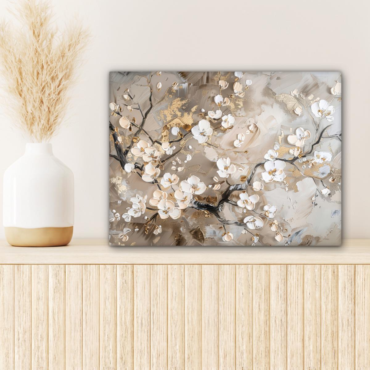 LEINWANDBILD Blumen - Weiß - Gold - Beige - Luxus Wandbild 40x30 cm - Greige, Textil (40/30cm) - MuchoWow
