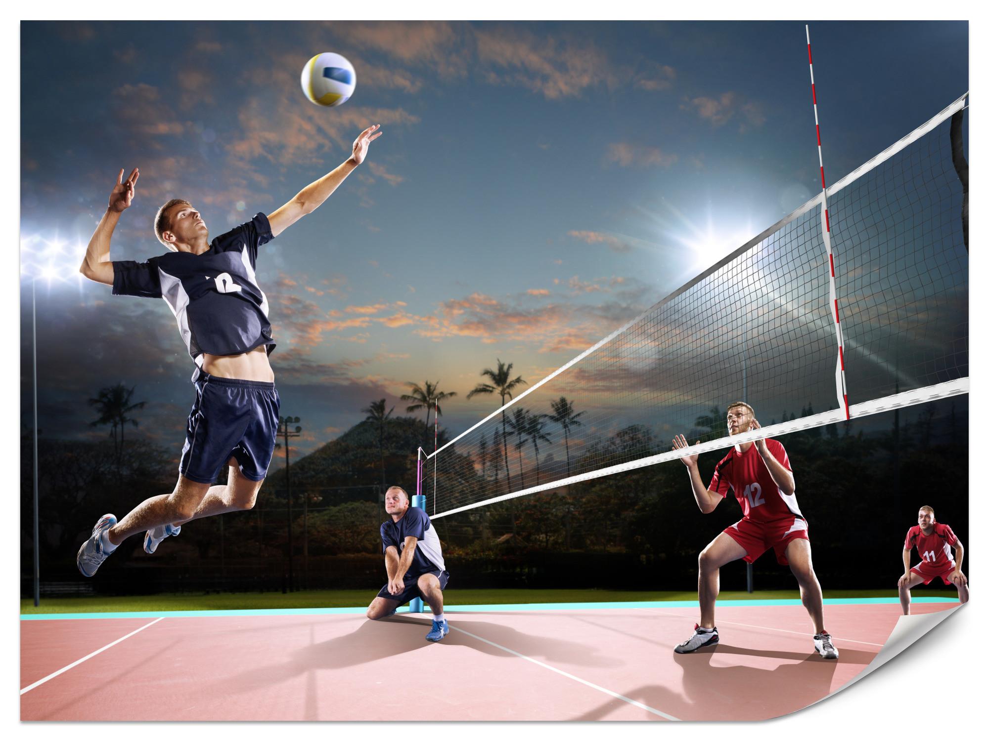 FOTOTAPETE für Jugendzimmer Volleyball Strand Tropen Match Spieler Palmen 300x210 - Rot/Schwarz, Papier (300/210cm) - Muralo