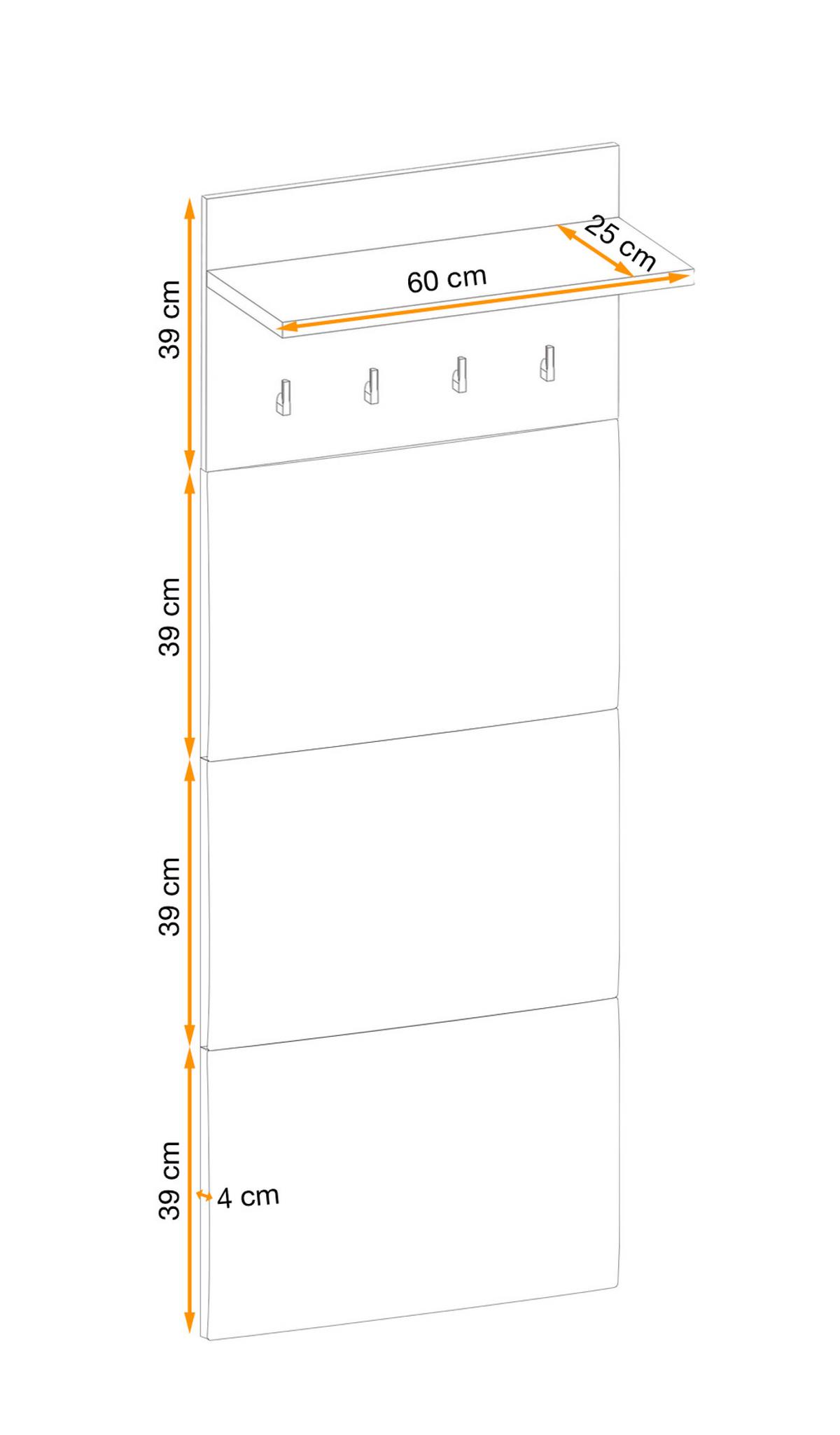 GARDEROBENPANEEL Eiche Jackson 60 cm, Wandgarderobe gepolstert - Eichefarben, Holzwerkstoff (60/156/28cm) - Furn.Design