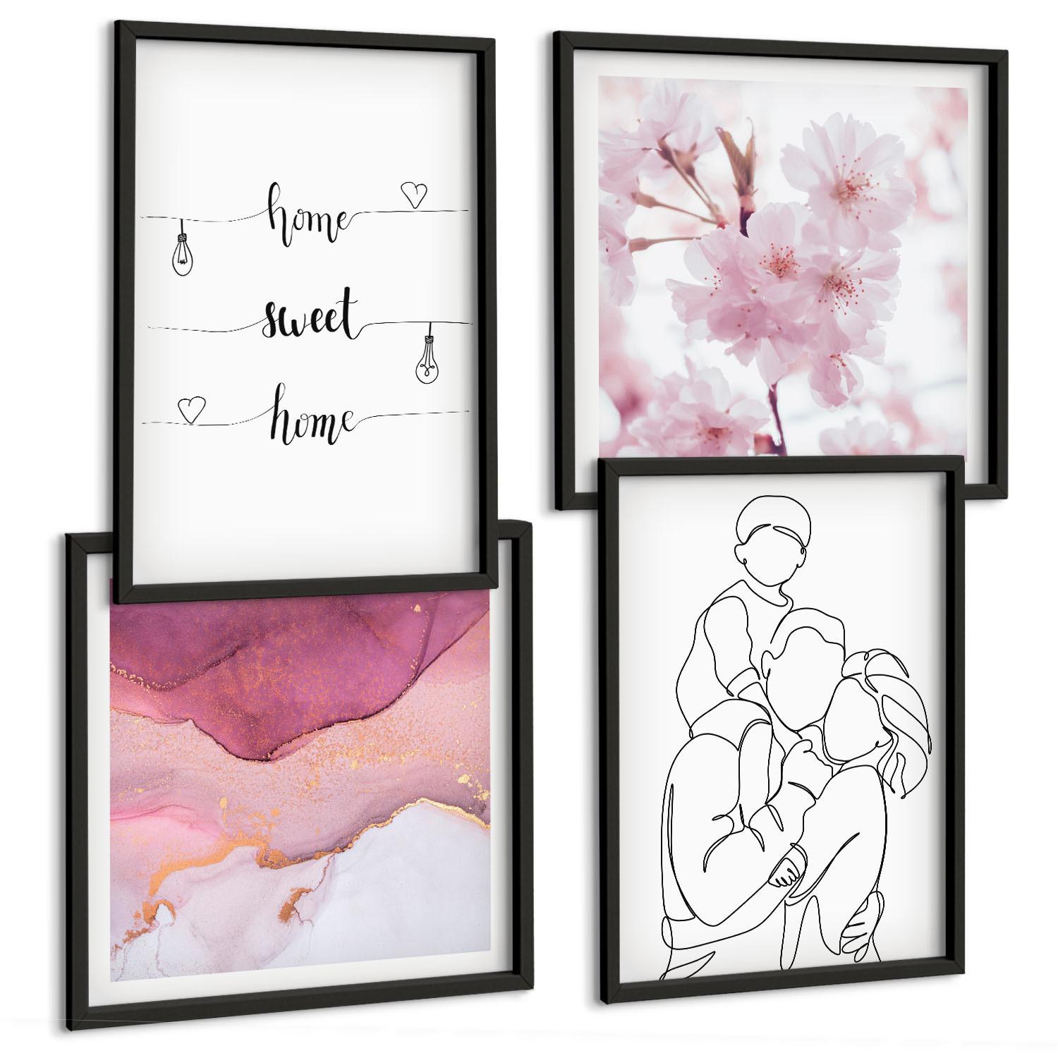 BILDER SET 4er Set - 50x50 cm & 40x60 cm Schwarzer Rahmen - Blumenfamilie minimalistisch - Schwarz, Kunststoff (50/50cm) - TULUP