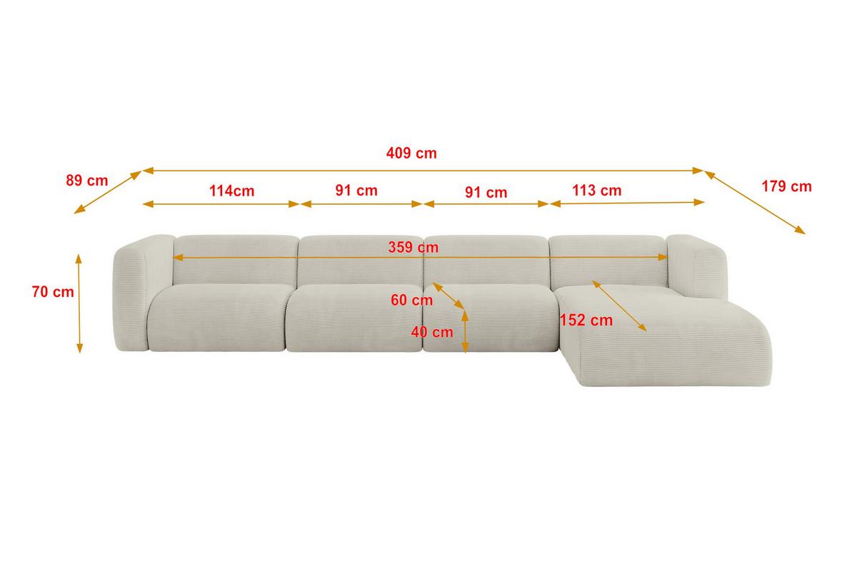 ECKSOFA Ottomane Rechts MIRA-L3 409x179x70 Creme Cord - Ecru/Creme, Holzwerkstoff/Kunststoff (409/179cm) - ALTDECOR