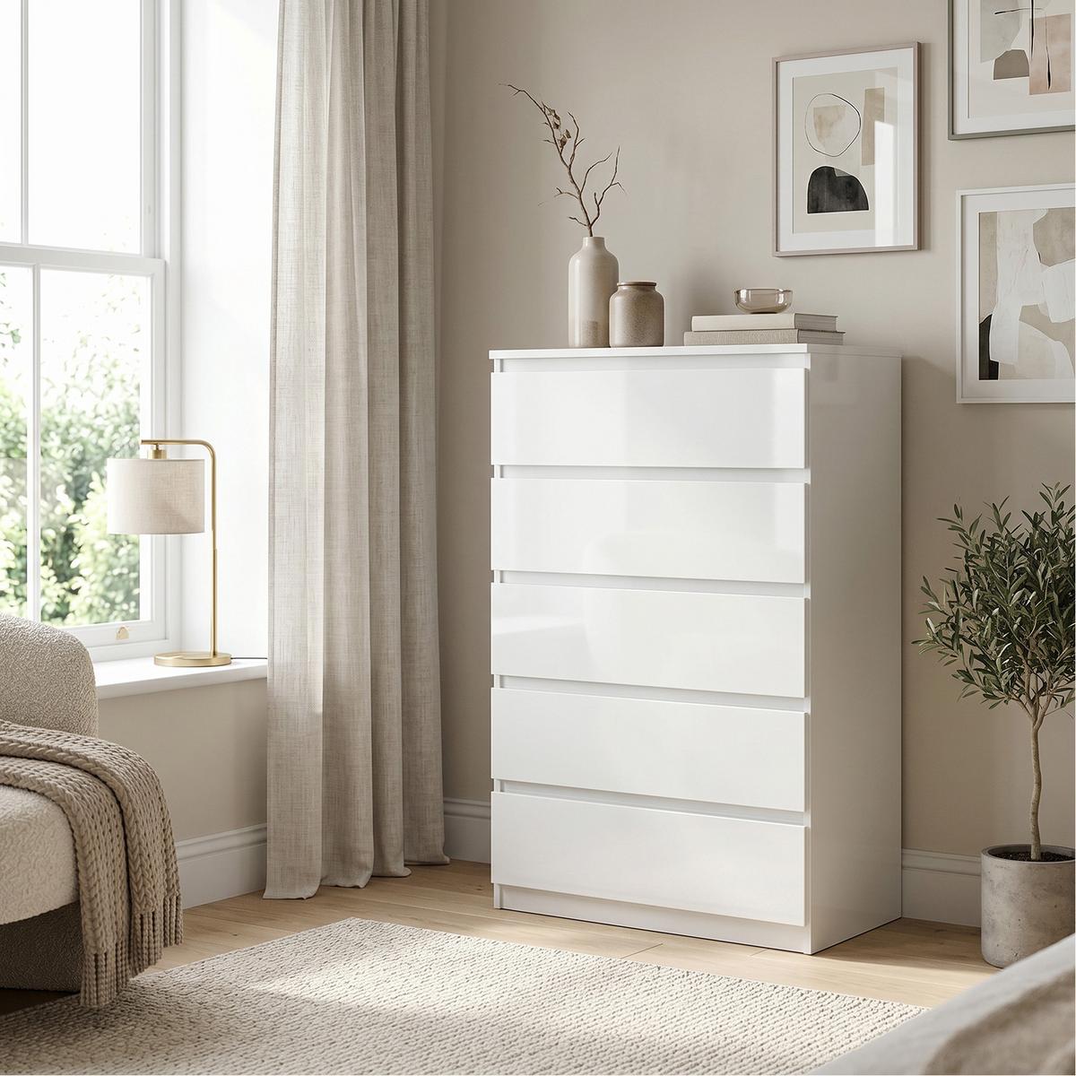 KOMMODE NUDO 70/124,5/39cm mit 5 Schubladen Türen Weiß - Weiß Hochglanz/Weiß, Holzwerkstoff (70/124.5/39cm) - MASSENO