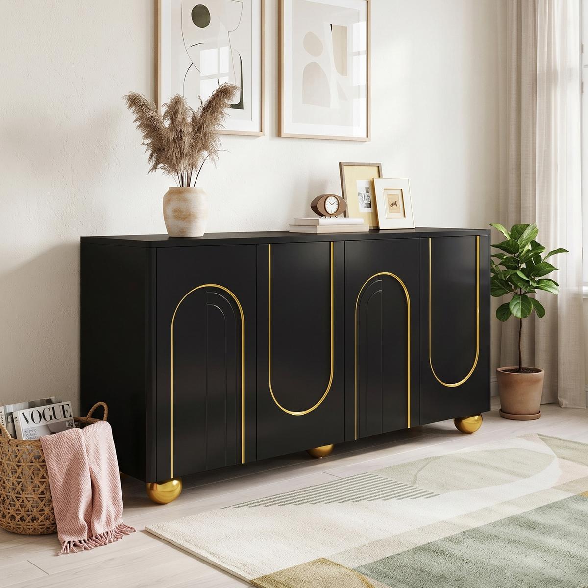 SIDEBOARD 140cm Schwarz mit Gold-Bogen-Dekor, 4 Türen & Kugel-Füßen - Schwarz, Holzwerkstoff (140/74/40cm) - Urban Meuble