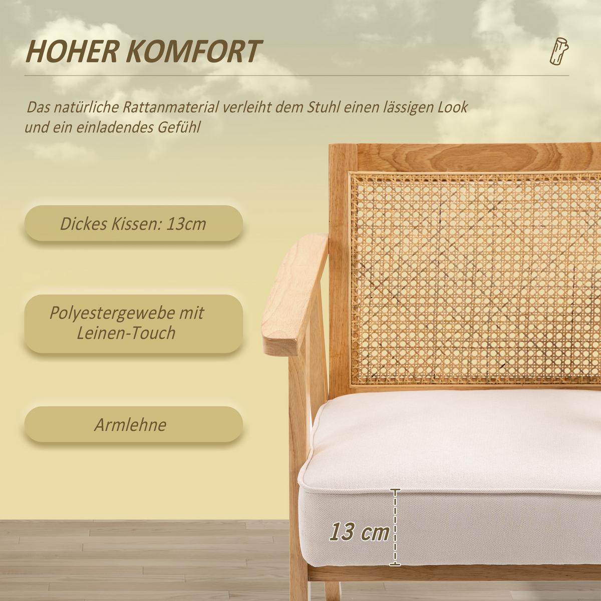 SESSEL Wohnzimmer Relaxsessel mit Armlehnen, Sitzkissen, Rattan-Rückenlehne - Weiß, Kunststoff (63/78/69cm) - HOMCOM
