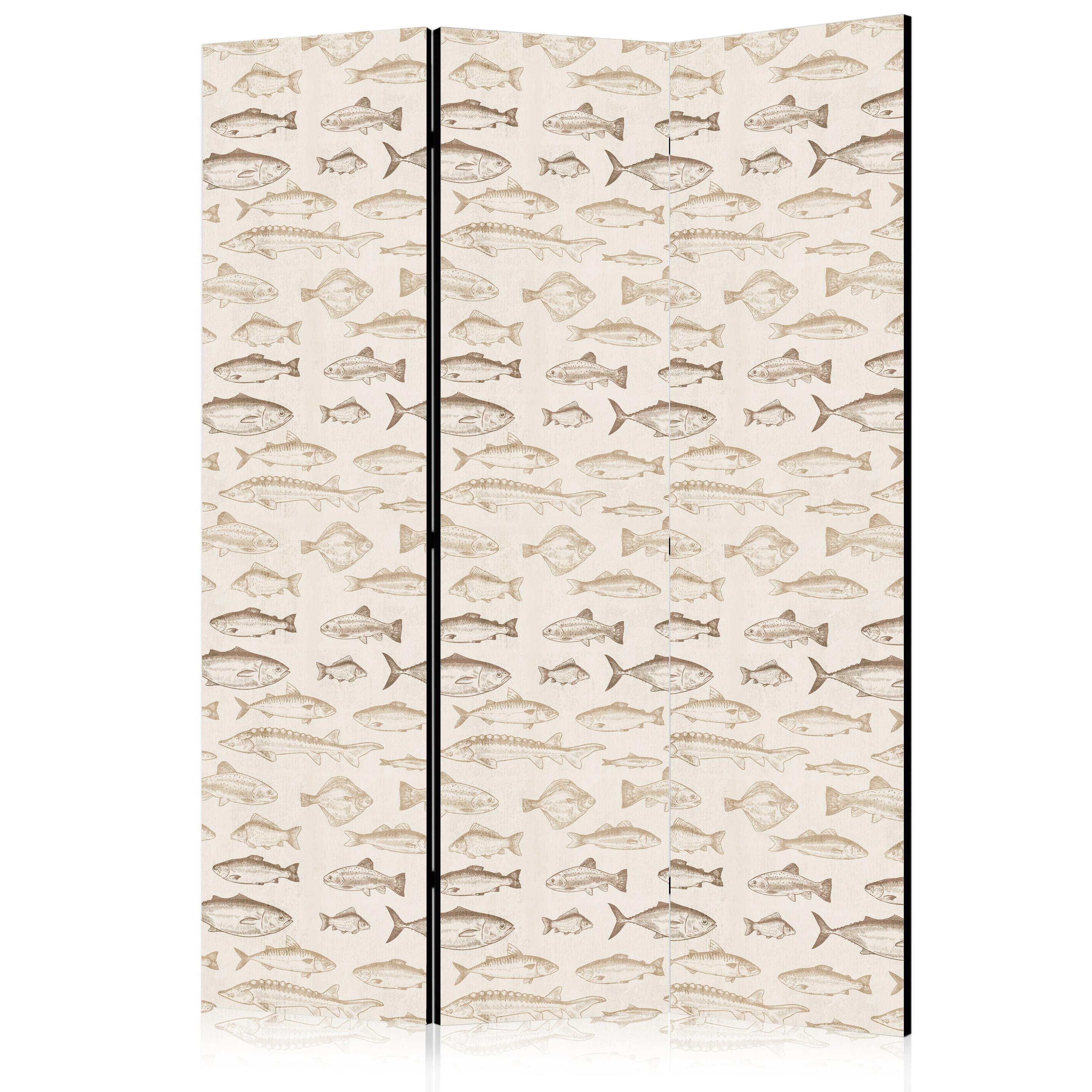 PARAVENT Beidseitig Bedruckter 3-tlg 135x172 cm Beige Fische Im Boho Stil - Beige, Holz/Textil (135/172/3cm) - Muralo