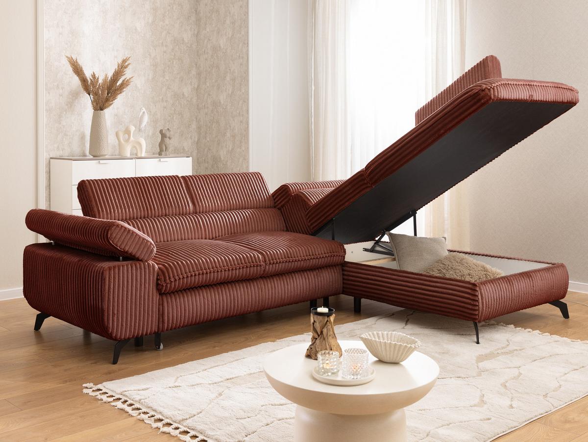 ECKSOFA mit Schlaffunktion und Bettkasten Bonnie aus Terrakotta Cord-Stoff mit verstellbaren Kopfstützen und Armlehne - Ottomane rechts - Terracotta/Schwarz, Holz/Textil (275/210cm) - S-Style Möbel