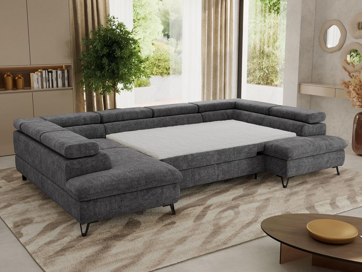WOHNLANDSCHAFT PABLO U Schenille grob gewebt Grau mit Topper Visco - Schwarz/Grau, Textil/Metall (346/76/208cm) - MKS