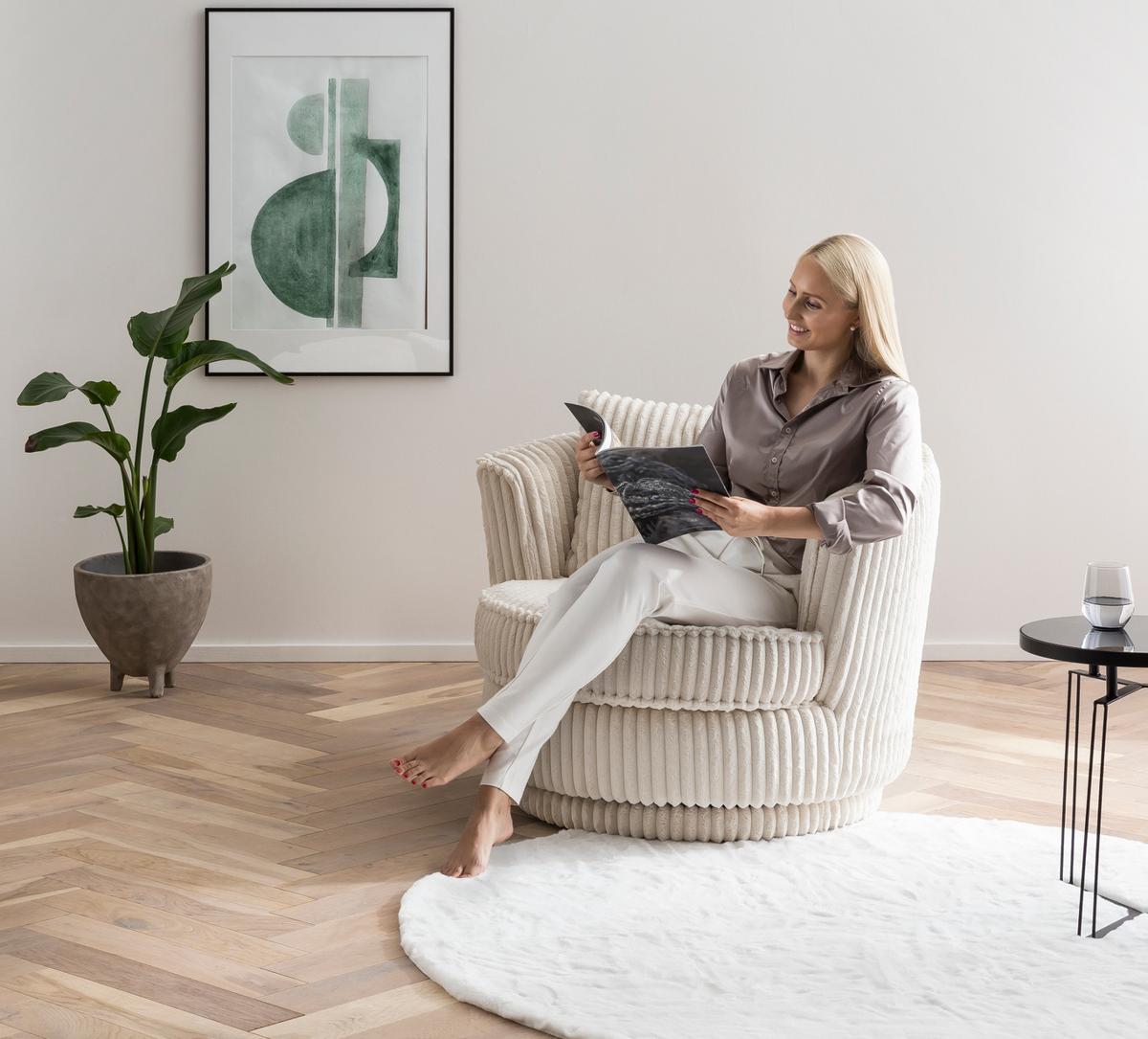 BIG-SESSEL Mega Cord creme wollweiß Ø 95 cm 360° drehbar, inklusive Kissen - Creme/Weiß, Holz/Holzwerkstoff (95/77/95cm) - Furn.Design