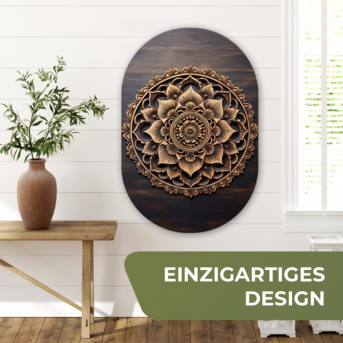 WANDBILD Mandala - Holz - Blumen - Braun Wanddeko Schlafzimmer 60x90 cm - Gelb, Kunststoff (60/90cm) - MuchoWow