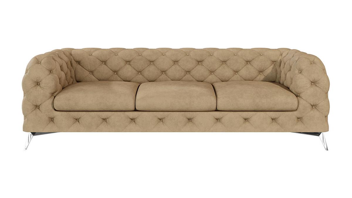 CHESTERFIELD-SOFA 3-Sitzer Laura Beige Samt - Beige/Silberfarben, Holz/Textil (243/75/100cm) - S-Style Möbel