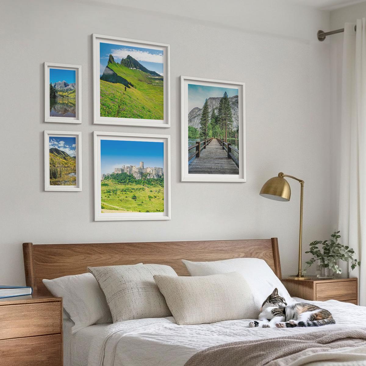 BILDER SET 5er Set - 50x50 cm & 20x30 cm & 40x60 cm Weißer Rahmen - Wasserfälle, Berge, Wolken, Herbst - Weiß, Kunststoff (40/60cm) - TULUP