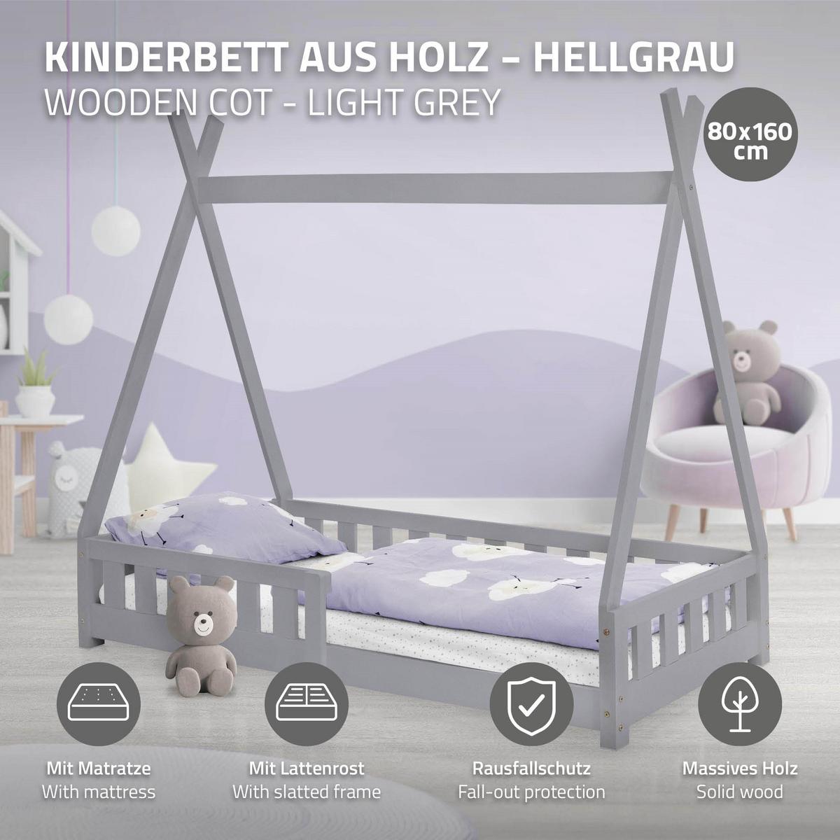 KINDERBETT Tipi mit Matratze 80x160 cm Hellgrau - Hellgrau, Holz (80/160cm) - ML-DESIGN