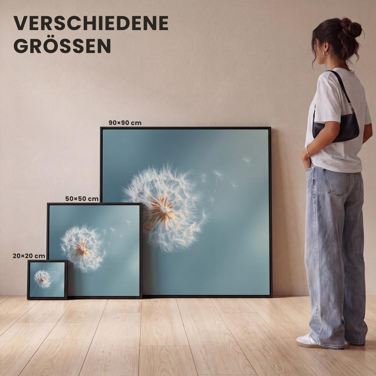 LEINWAND Bilder mit Rahmen - Löwenzahn - Wind - Blau - 90x90 - Blaugrau, Textil (90/90cm) - MuchoWow