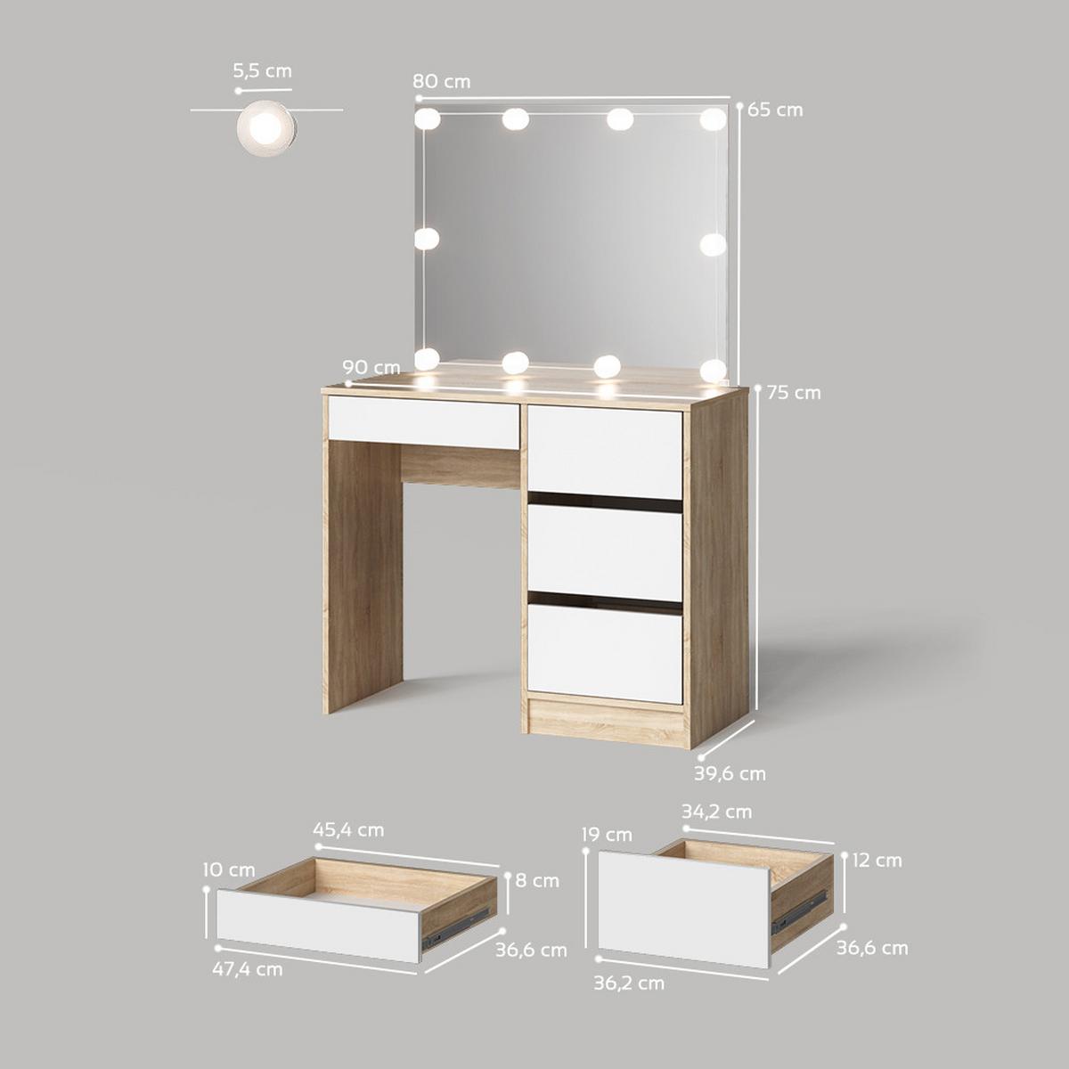 SCHMINKTISCH Imola Sonoma 90 cm mit LED Beleuchtung - Sonoma Eiche, Holzwerkstoff (90/75/40cm) - Livinity®