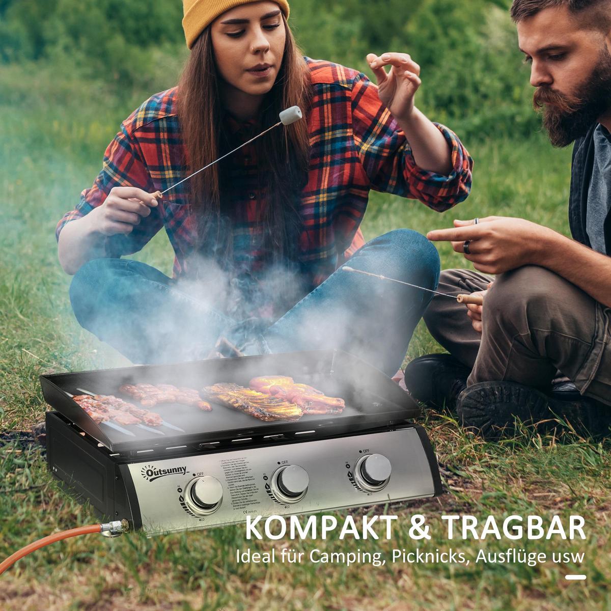 GASGRILL BBQ mit 3 Brennern, Edelstahl, Metall, Schwarz, 63 x 47 x 25 cm - Schwarz, Metall (47/25/63cm) - Outsunny