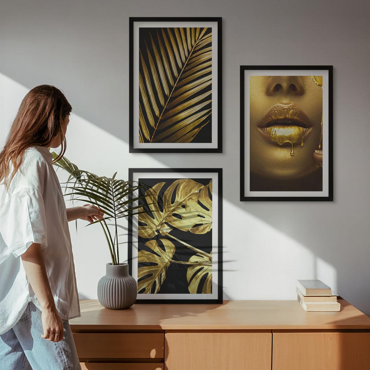 BILDER SET 3er Set - 40x60 cm Schwarzer Rahmen - Mund einer Frau mit Monstera-Palme - Schwarz, Kunststoff (40/60cm) - TULUP
