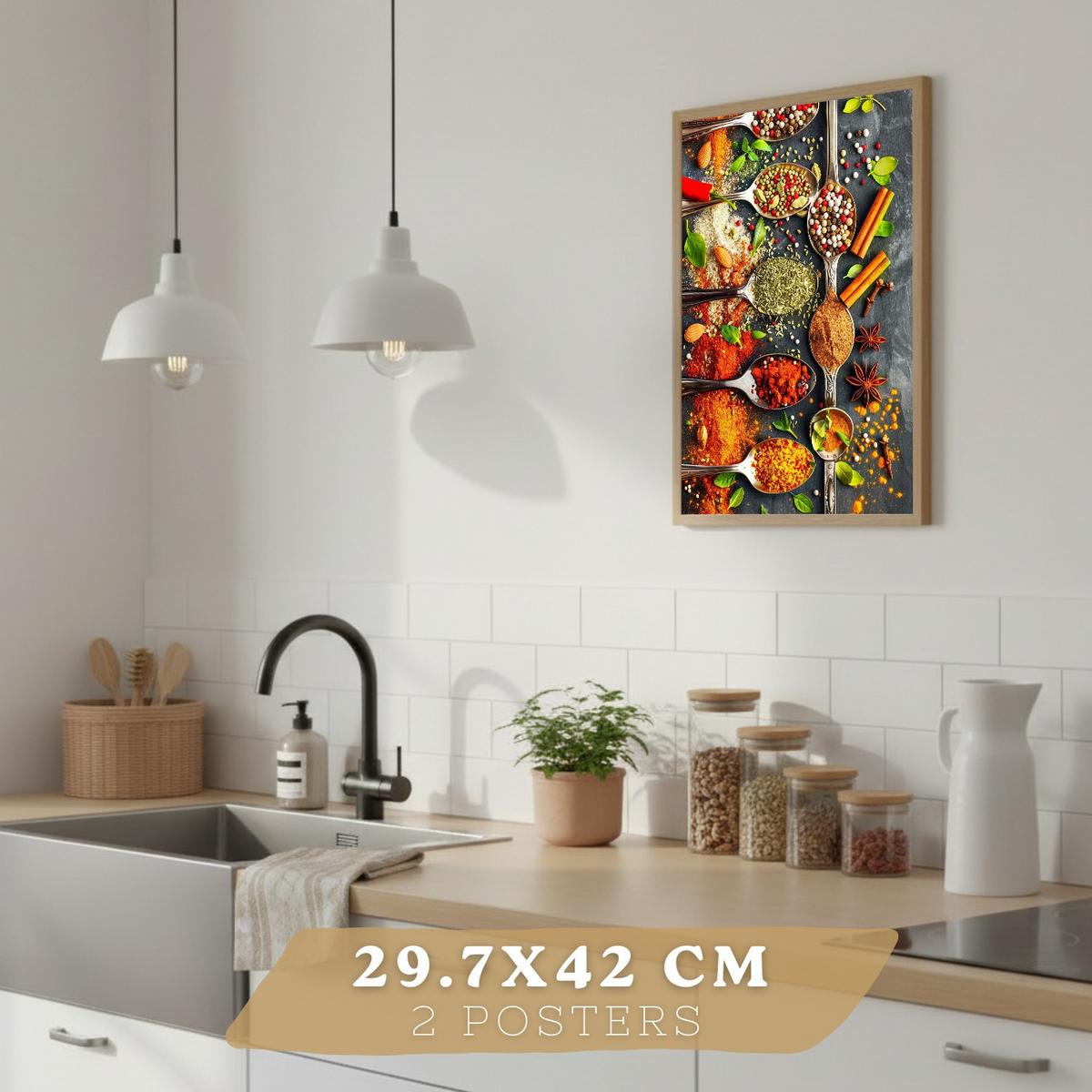 POSTER 2er Set Küchen-Wandbilder Limette Minze Getränk und Gewürze Food Fotografie Esszimmer Wanddeko Leichter Holzrahmen A3 - Beige, Papier (29.7/1/42cm) - Nacnic