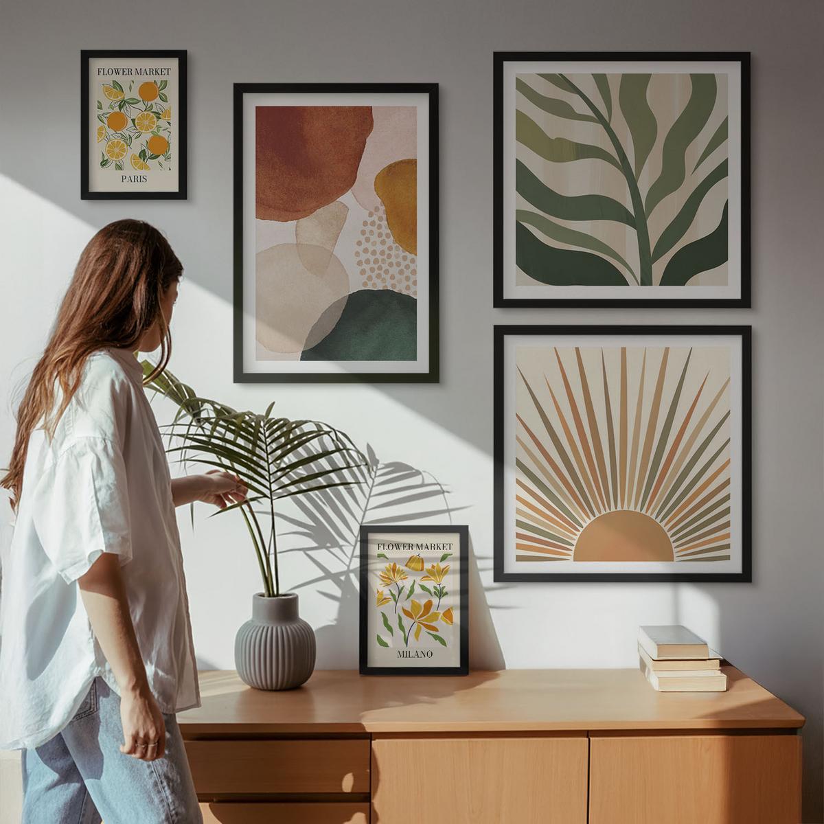 BILDER SET 5er Set - 50x50 cm & 20x30 cm & 40x60 cm Schwarzer Rahmen - Abstrakte Blumenmotive - Schwarz, Kunststoff (40/60cm) - TULUP